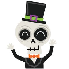 a skeleton wearing a top hat and bow tie with his hands up in the air