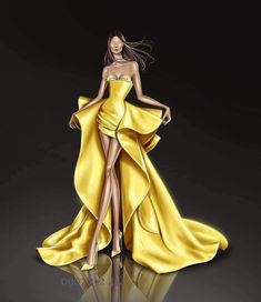 a drawing of a woman in a yellow dress