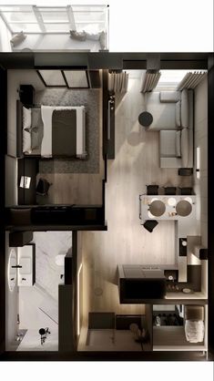 an overhead view of a bedroom and living room