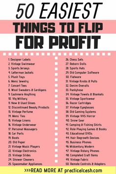 the 50 easyest things to flip for profits info sheet with text overlaying it