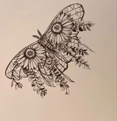 a drawing of a butterfly with flowers on it's wings