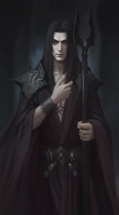 a male character with black hair holding a staff in his hand and wearing a cloak