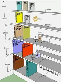 an architectural drawing of the interior of a bookcase with different colors and sizes on each shelf