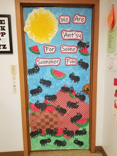 a door decorated with an image of animals and watermelon in the background, which reads we are art's for some fun