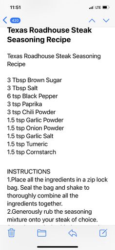 the texas roadhouse steak seasoning recipe is shown on an iphone screen with instructions