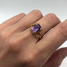 Gold Amethyst Ring set with Natural Amethyst in a perfect diamond cut, flawless clarity & purple color, sourced from Brazil, at 10x8mm each, 3 Carats. Gold Flower Ring in Bohemian design made of Solid 925 Sterling Silver ☞ made to last **The ring is plated with 18k Gold (the thickest plating - 3 Micron) over Solid 925 Sterling Silver. Matching Earrings & Matching Pendant - please ask me February Birthstone - Genuine & Natural Stones ❀ ⌛ Last ring left ⌛  ❀ Each Natural Gem is unique & will have Luxury Handmade Amethyst Ring Gift, Earrings Matching, Gold Amethyst Ring, Natural Emerald Rings, Gold Flower Ring, Emerald Ring Gold, Branch Ring, Purple Gems, Bohemian Ring