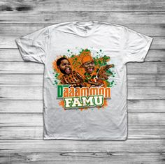 a t - shirt with the image of two men in orange and green on it