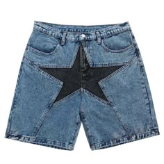 a blue jean shorts with a black star on the front and side pockets, all in denim