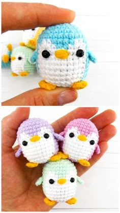 three small crocheted birds sitting on top of each other in front of a person's hand