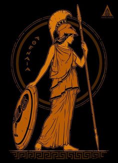 an ancient greek woman holding a spear and shield with the word kora on it