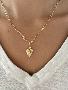 "Make a statement with our heart and turquoise star charm necklace. Looks beautiful on its own or layered with more necklaces. Personalize your necklace by adding more charms.  Charms: 16k gold plated Lab created Opal, turquoise cubic zirconia  15x10mm heart charm 16k gold plated link chain  17\" length + 2\" extender chain, rectangle link chain. If you have any questions, please message me." Gold Chunky Necklace, Chunky Gold Necklace, Layered Gold Necklaces, Chunky Gold Jewelry, Chunky Gold Necklaces, Heart Charm Necklace, Star Charm Necklace, Gold Girl, Charm Chain