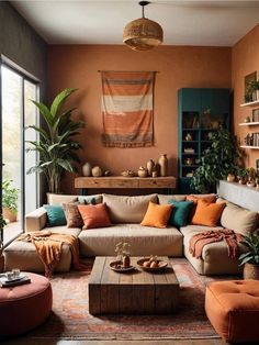 a living room filled with lots of furniture and plants on top of the couches