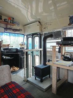 the interior of an rv with wood stoves