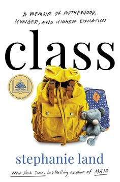 a yellow backpack with a stuffed animal next to it on top of a white book cover