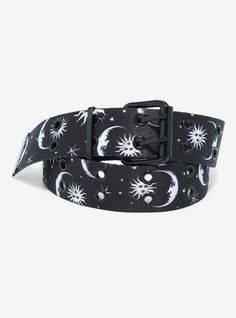 This black belt is printed with crescent moons  suns and stars and is decorated with black grommets and a double-pronged buckle. Moon And Stars Clothing, Belts Aesthetic, Grommet Belt, Celestial Print, Star Clothing, Tall Hoodies, Unique Accessories, Studded Belt, Sun And Stars