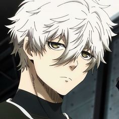 an anime character with white hair and green eyes looks at the camera while wearing a black shirt