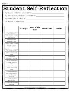 the student self reflection sheet for students to use