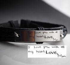 Custom Engraved Bracelet, Men Personalized Bracelet, Handwriting bracelet Signature Bracelet, Men Gifts Leather bracelet, mens Custom Gifts Stainless steel metal parts with real leather band combined together Actual Handwritten Mens leather bracelets. Memory for mom, dad, grandma, grandpa etc. This is the new object I'd like to do now, the handwritten necklace and handwritting bracelets. I accept any orders with your hand scripts and convert into the handwritten jewelry, like handwritten bracele Mens Personalized Bracelet, Handwritten Jewelry, Handwritten Necklace, Custom Engraved Bracelet, Coordinates Gift, Handwriting Bracelet, Coordinates Bracelet, Customised Bracelets, Leather Anniversary Gift