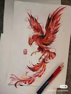 a drawing of a bird with red feathers on it