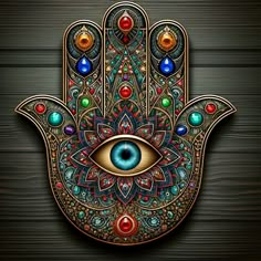 a hamsa with an eye in the center and jewels around it on a wooden background