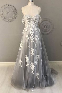 Off Shoulder Gray Tulle Long Prom Dresses with Lace Appliques, Gray La – Lwt Dress Tulle Prom Dress A Line, Prom Dress A Line, Formal Ball Gown, Lace Formal Dress, Short Prom, Tulle Prom Dress, Prom Dresses Lace, Dress Prom, Cheap Prom Dresses