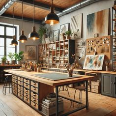 an art studio with lots of artwork on the walls and wooden tables in front of them