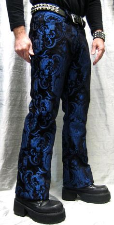 "Awesome bohemian rocker pants with a classic straight leg cut for special occasions or every day. Made in rich blue/black tapestry fabric with a medium rise waist and wide belt loops. Two front pockets and two back pockets with a zip fly. Black satin pocket lining inside. These run long.. have them hemmed if necessary. Comes in sizes 30,32,34,36,38,40. Sweeeet! Actual measurements: Size 30 = Waist 31.5\" Inseam Length 34.5\" Size 32 = Waist 33\" Inseam Length 34.5\" Size 34 = Waist 35\" Inseam Blue Fitted Jeans With Standard Cut Leg, Fitted Blue Jeans With Standard Cut Leg, Blue Fitted Bottoms With Standard Cut Leg, Fitted Blue Bottoms With Standard Cut Leg, Fitted Blue Bottoms, Blue Fitted Jeans For Formal Occasions, Formal Blue Fitted Jeans, Blue Fitted Wide Leg Pants, Fitted Wide Leg Blue Pants