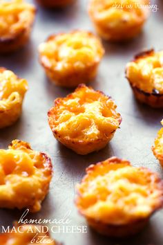 mini macaroni and cheese bites are on a baking sheet, ready to be eaten