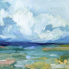 an abstract painting of blue and green water with clouds in the sky above it on a sunny day