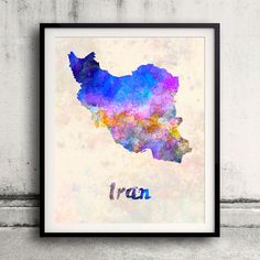 a watercolor map of the country of iraq in front of a white brick wall