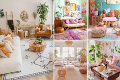 there are many different rooms in this house with plants on the walls and rugs on the floor