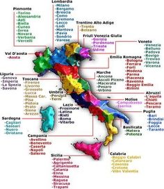 a map of italy with all the major cities and their respective towns in rainbow colors