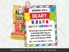 a birthday card with gummy bears on it and a bag of gummy bears