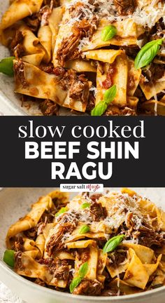 slow cooked beef and cheese pasta in a white bowl with basil leaves on the side