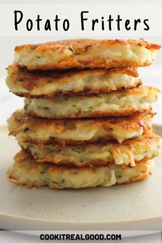 potato fritters stacked on top of each other with text overlay that says potato fritters