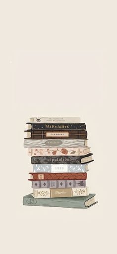 a stack of books sitting on top of each other in front of a white wall