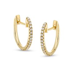 Add these diamond huggie hoops to your ear stack and dazzle all day long. 10K gold. Each huggie-hoop earring features prong-set diamonds aligned along the outside front edge. 1/10 ct. t.w. of diamonds. Hinged backs. Yellow Gold Diamond Accents Huggie Earrings, Fine Jewelry Huggie Earrings With Prong Setting, Diamond Cut Huggie Earrings, Everyday Huggie Diamond Earrings, Ear Stack, Huggie Hoop Earrings, 10k Gold, Prong Setting, Bangles