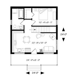 a floor plan for a small house with two beds and one living room in the middle