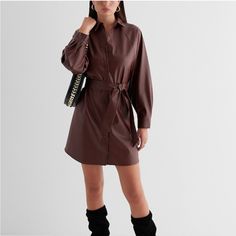 Nwt Express Faux Leather Mini Portofino Shirt Dress, Rich Mocha, Size Small New With Tags, Never Worn- Perfect For Fall/Winter! Features & Fabric V-Neck; Point Collar; Button Front Long Sleeves; Button Cuffs Faux Leather Fabric; Oversized Fit; Tie Waist Straight Hem; Mini Length Length: 36.5" Polyester/Polyurethane Fall Workwear Mini Shirt Dress, Fall Mini Shirt Dress For Work, Fall Mini Length Shirt Dress For Workwear, Brown Shirt Dress For Workwear, Brown Shirt Dress For Work, Chic Brown Mini Dress For Work, Brown Long Sleeve Shirt Dress For Work, Belted Mini Shirt Dress For Fall, Chic Brown Belted Mini Dress