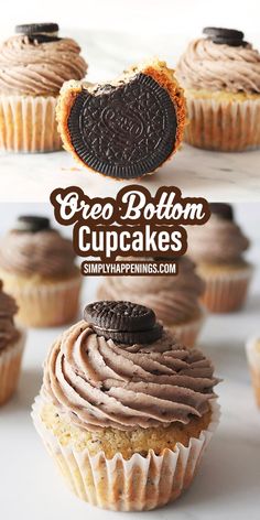 cupcakes with chocolate frosting and an oreo cookie on top are shown