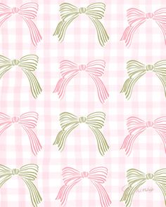 pink and green bows are on a checkered wallpaper pattern in the style of gingham