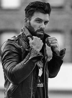 Levi Stocke, Ducktail Beard, Scruffy Beard, Black Leather Biker Jacket, Beard Tattoo, Man Model, Hipster Man, Awesome Beards