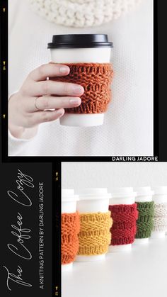 coffee cup cozyies with crochet patterns and instructions to make them look like knitted cups