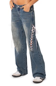 Lace-up ties add a flirty, unexpected look to these low-rise wide-leg jeans made from faded nonstretch denim. 100% cotton Machine wash, dry flat Imported Low Rise Wide Leg Jeans, Lace Up Jeans, Bow Jeans, Lace Jeans, Jeans Low Rise, Swimwear Dress, Low Rise Jeans, Party Tops, Women Trends