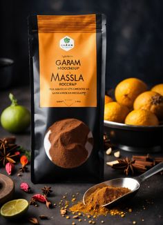 a bag of garam masala next to some oranges