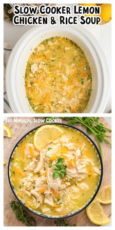 two pictures showing the steps to make slow cooker lemon chicken and rice soup with text overlay