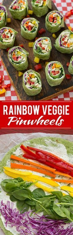 rainbow veggie finger foods are displayed on a table with red and white checkered paper