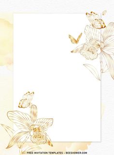 an artistic floral background with gold flowers and butterflies on white paper, with watercolor stains