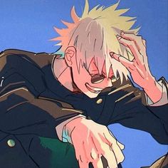 an anime character with blonde hair and black shirt holding his hand to his head while sitting down