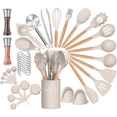 an assortment of kitchen utensils arranged in a circle